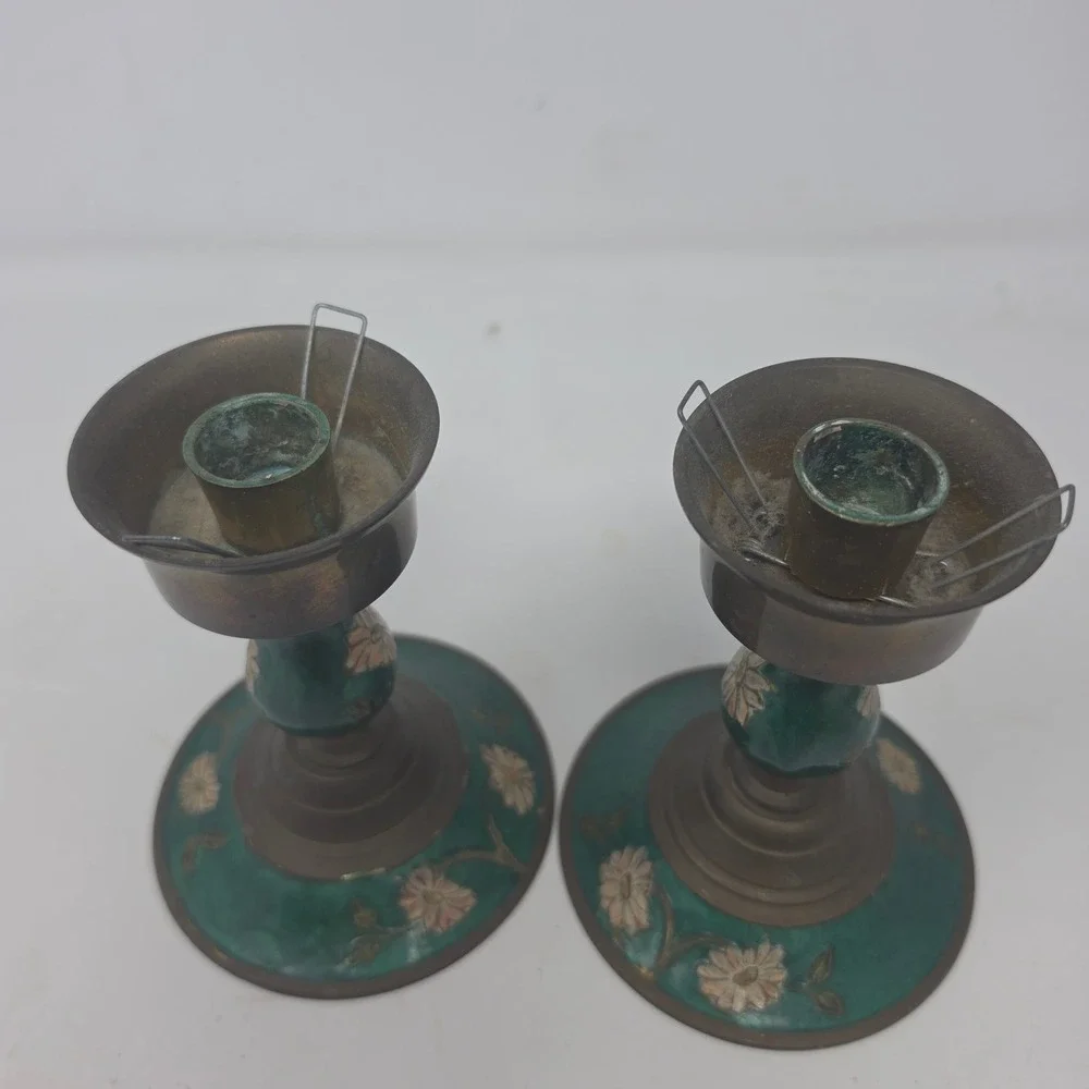 Vintage Brass Teal Green Enamel Candlestick Holders Set of 2 Pink Flowers. W
